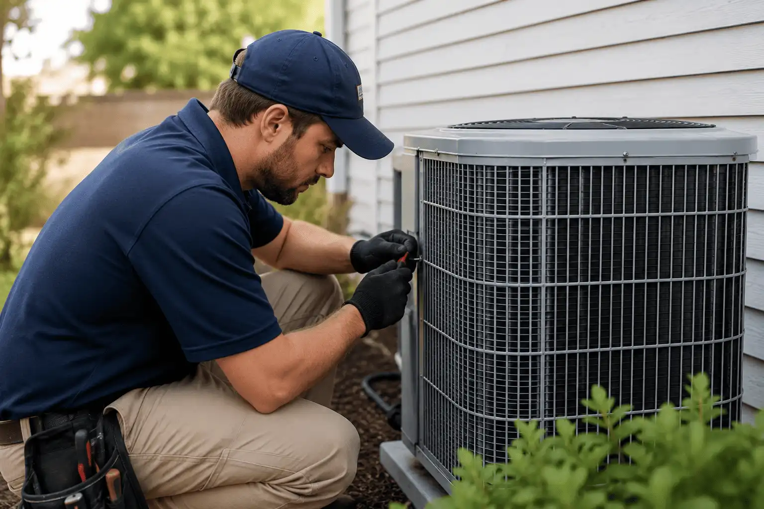 HVAC technician inspecting an outdoor air conditioning unit during a scheduled service visit.
