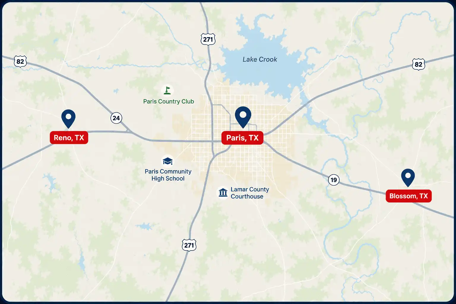 Map of HVAC service areas including Paris, Reno, and Blossom, TX